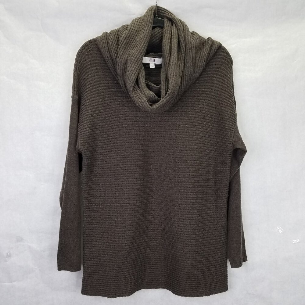 E3 Etcetera Sweater Womens L Brown Removable Cowl Neck Wool Blend Rib Knit Cabin